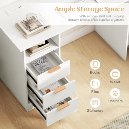 Home Office Desk with Power Outlet 3 Storage Drawers and Open Compartment-White - White - Computer Desks