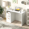 Home Office Desk with Power Outlet 3 Storage Drawers and Open Compartment-White - White - Computer Desks