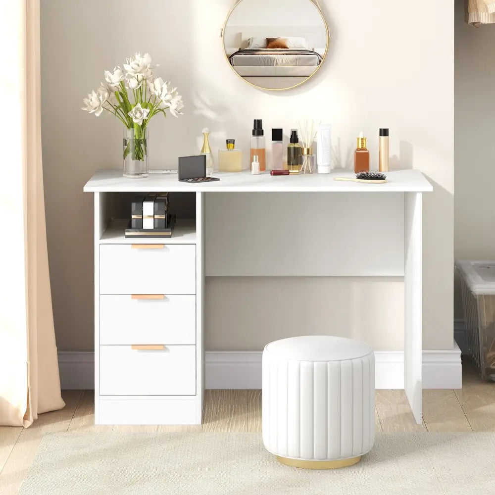 Home Office Desk with Power Outlet 3 Storage Drawers and Open Compartment-White - White - Computer Desks
