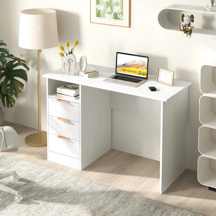 Home Office Desk with Power Outlet 3 Storage Drawers and Open Compartment-White - White - Computer Desks