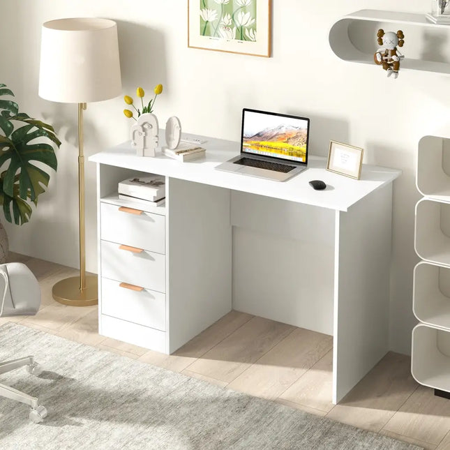 Home Office Desk with Power Outlet 3 Storage Drawers and Open Compartment-White - White - Computer Desks