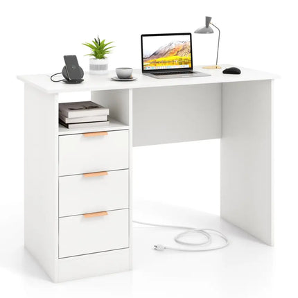 Home Office Desk with Power Outlet 3 Storage Drawers and Open Compartment-White - White - Computer Desks