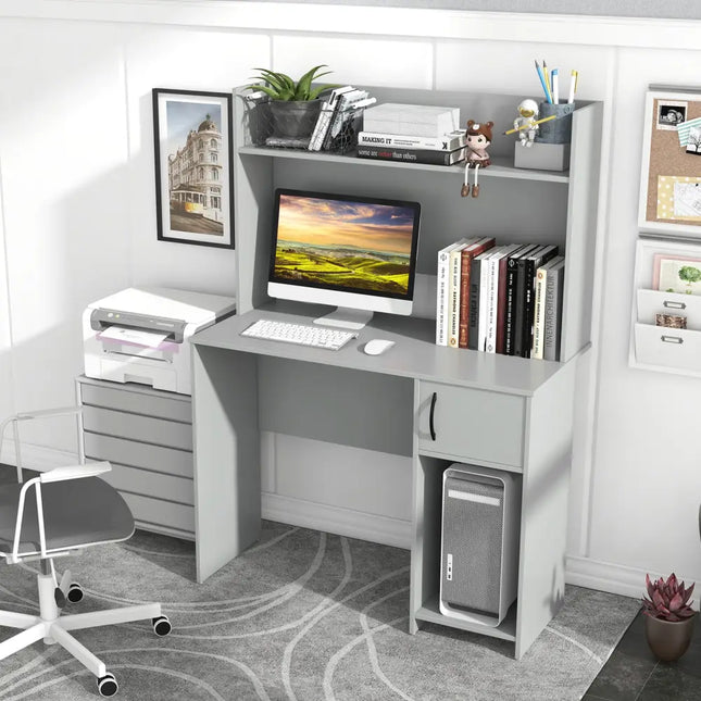 Home Office Desk with Raised Display Shelf and 2 Open Shelves-Gray - Gray - Computer Desks