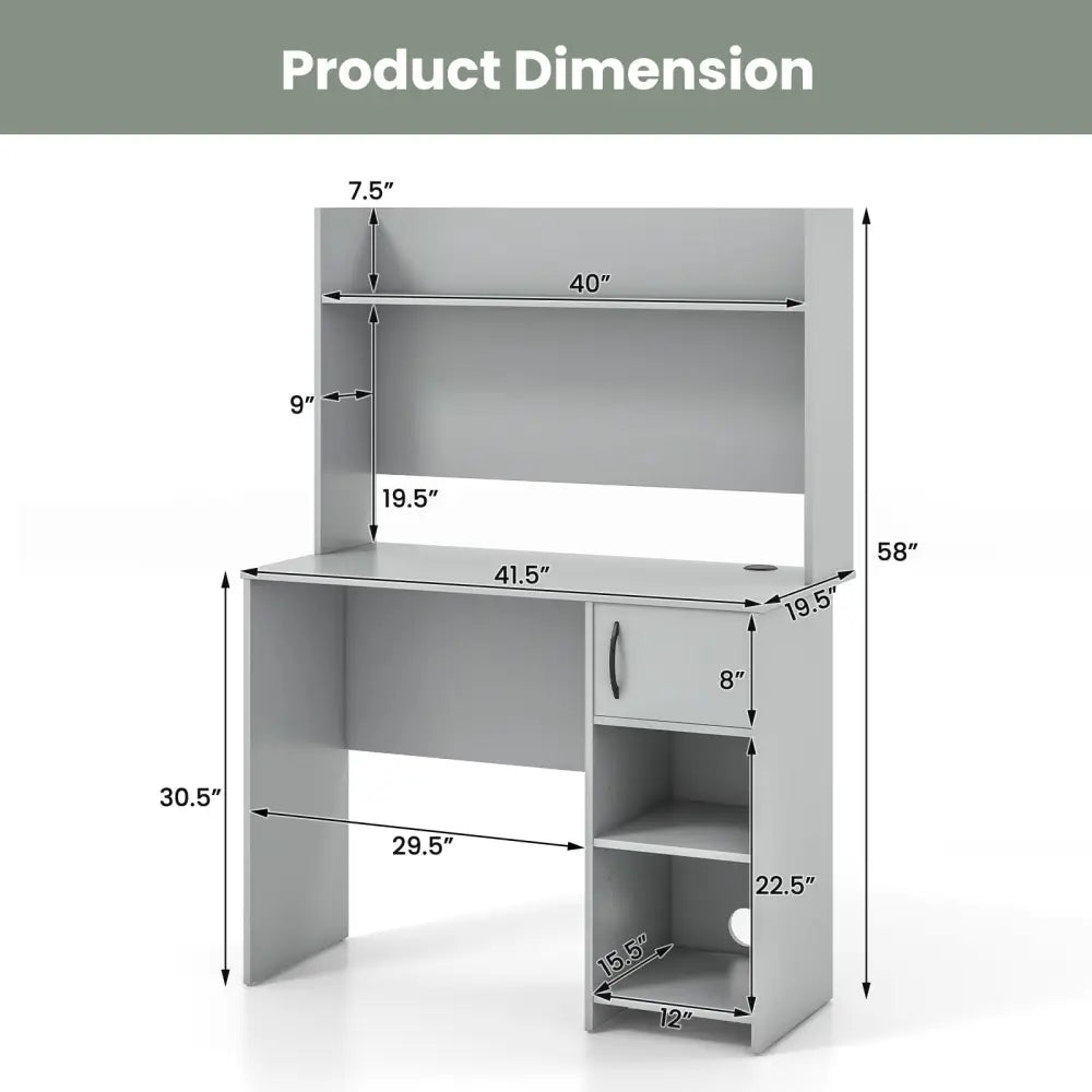 Home Office Desk with Raised Display Shelf and 2 Open Shelves-Gray - Gray - Computer Desks