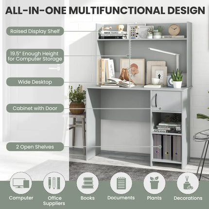 Home Office Desk with Raised Display Shelf and 2 Open Shelves-Gray - Gray - Computer Desks