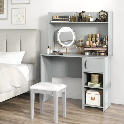 Home Office Desk with Raised Display Shelf and 2 Open Shelves-Gray - Gray - Computer Desks