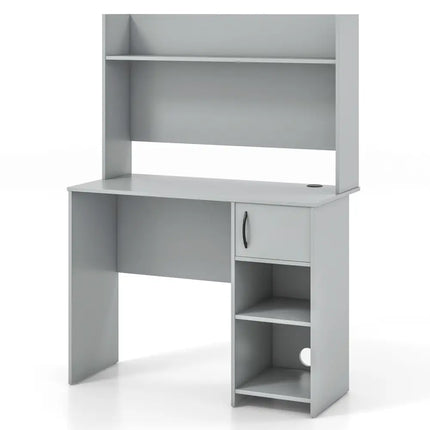 Home Office Desk with Raised Display Shelf and 2 Open Shelves-Gray - Gray - Computer Desks