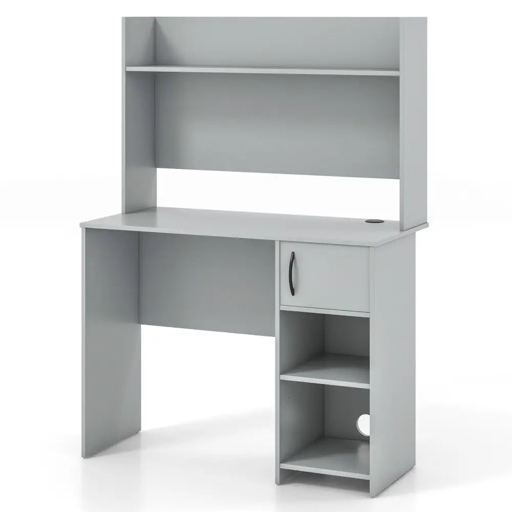 Home Office Desk with Raised Display Shelf and 2 Open Shelves-Gray - Gray - Computer Desks