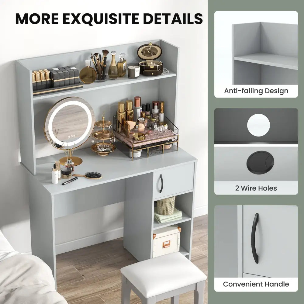 Home Office Desk with Raised Display Shelf and 2 Open Shelves-Gray - Gray - Computer Desks