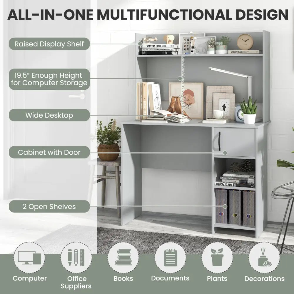 Home Office Desk with Raised Display Shelf and 2 Open Shelves-Gray - Gray - Computer Desks