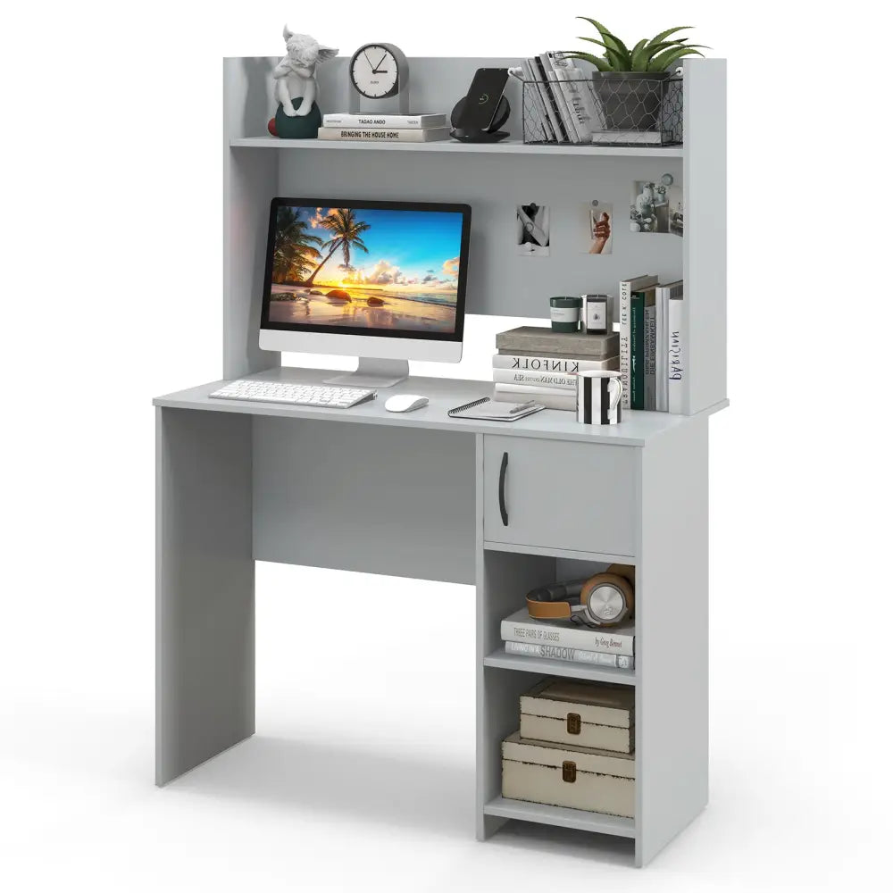 Home Office Desk with Raised Display Shelf and 2 Open Shelves-Gray - Gray - Computer Desks