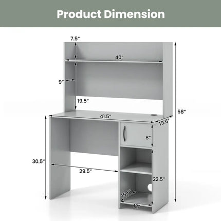 Home Office Desk with Raised Display Shelf and 2 Open Shelves-Gray - Gray - Computer Desks