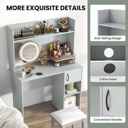 Home Office Desk with Raised Display Shelf and 2 Open Shelves-Gray - Gray - Computer Desks