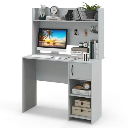 Home Office Desk with Raised Display Shelf and 2 Open Shelves-Gray - Gray - Computer Desks