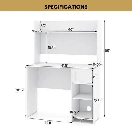 Home Office Desk with Raised Display Shelf and 2 Open Shelves-White - White - Computer Desks