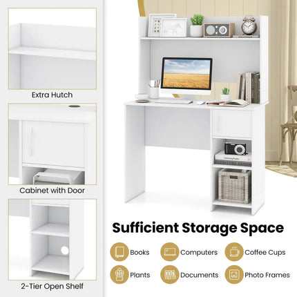 Home Office Desk with Raised Display Shelf and 2 Open Shelves-White - White - Computer Desks