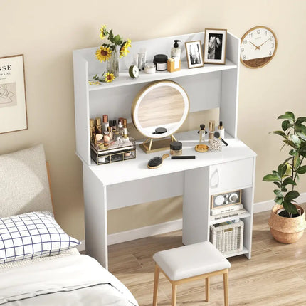 Home Office Desk with Raised Display Shelf and 2 Open Shelves-White - White - Computer Desks
