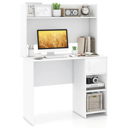 Home Office Desk with Raised Display Shelf and 2 Open Shelves-White - White - Computer Desks