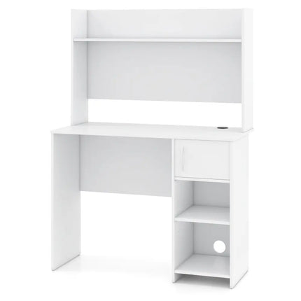 Home Office Desk with Raised Display Shelf and 2 Open Shelves-White - White - Computer Desks