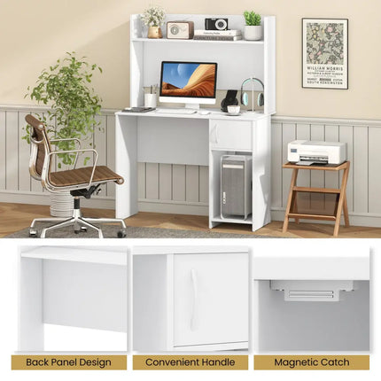 Home Office Desk with Raised Display Shelf and 2 Open Shelves-White - White - Computer Desks