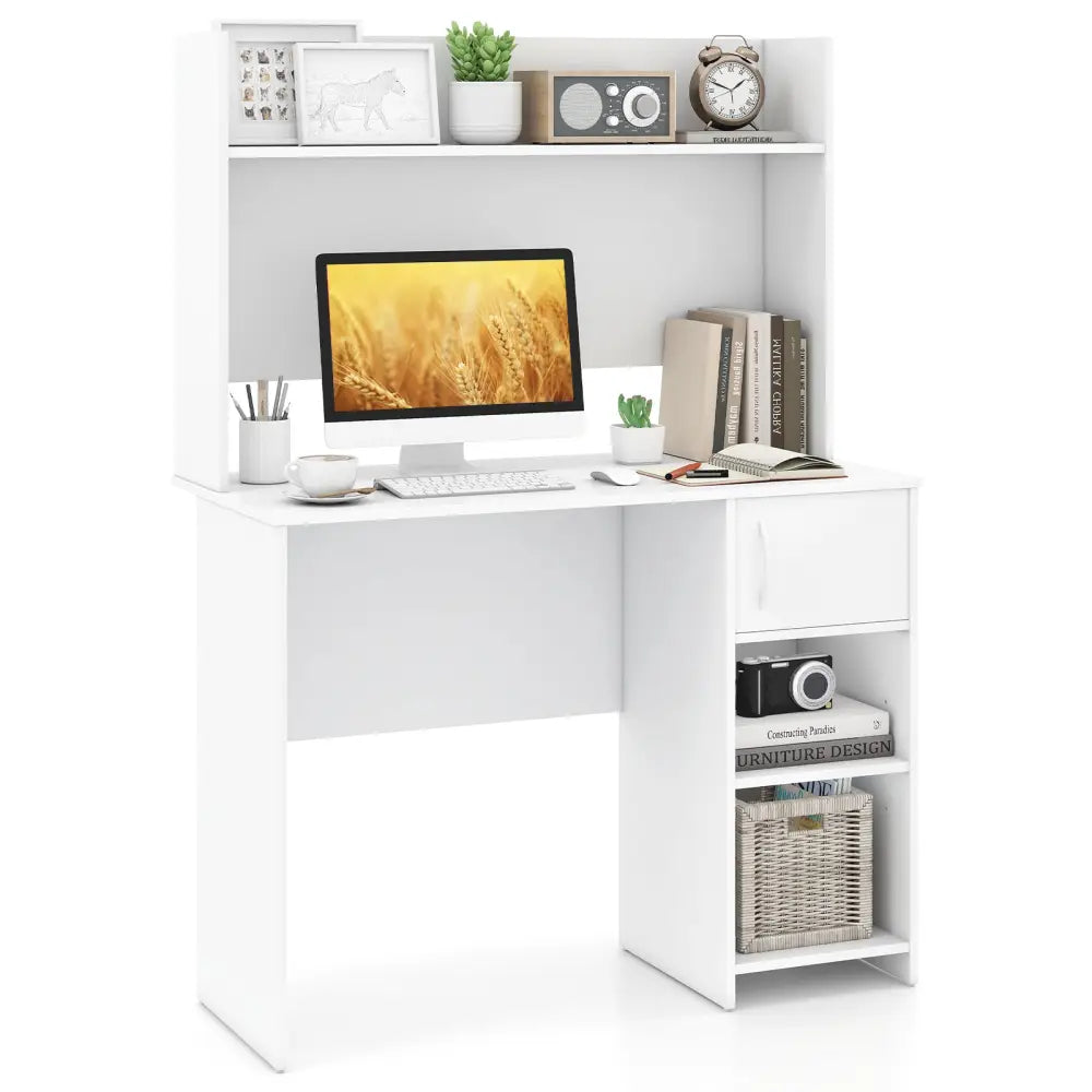 Home Office Desk with Raised Display Shelf and 2 Open Shelves-White - White - Computer Desks