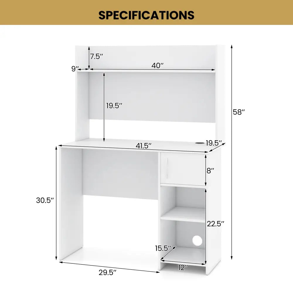Home Office Desk with Raised Display Shelf and 2 Open Shelves-White - White - Computer Desks
