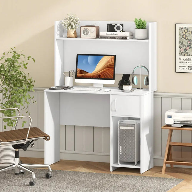 Home Office Desk with Raised Display Shelf and 2 Open Shelves-White - White - Computer Desks