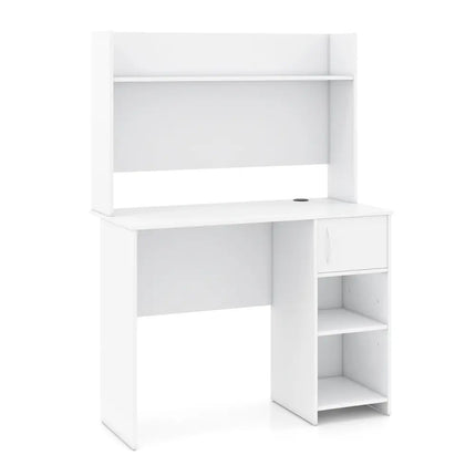 Home Office Desk with Raised Display Shelf and 2 Open Shelves-White - White - Computer Desks