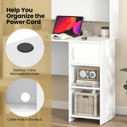 Home Office Desk with Raised Display Shelf and 2 Open Shelves-White - White - Computer Desks