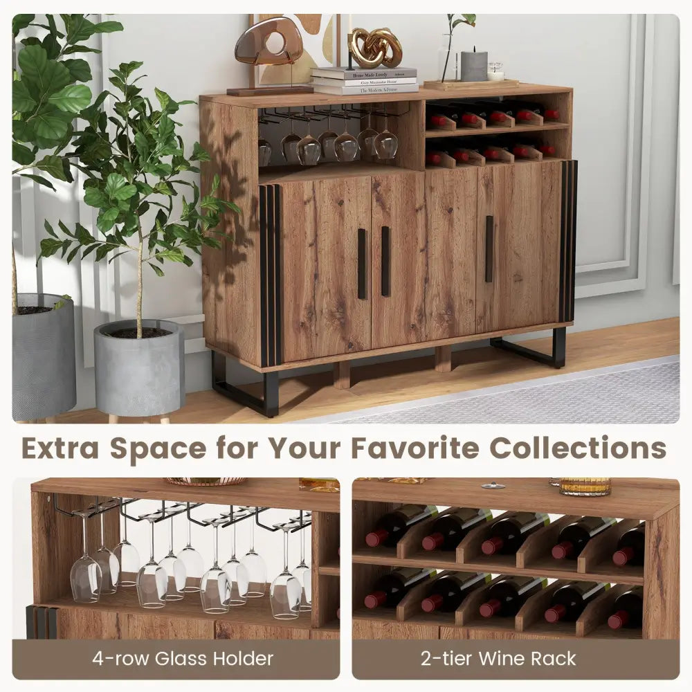 Home Wine Bar Cabinet with 3 Doors and Adjustable Shelves-Brown - Brown - Sideboards Cabinets & Buffets