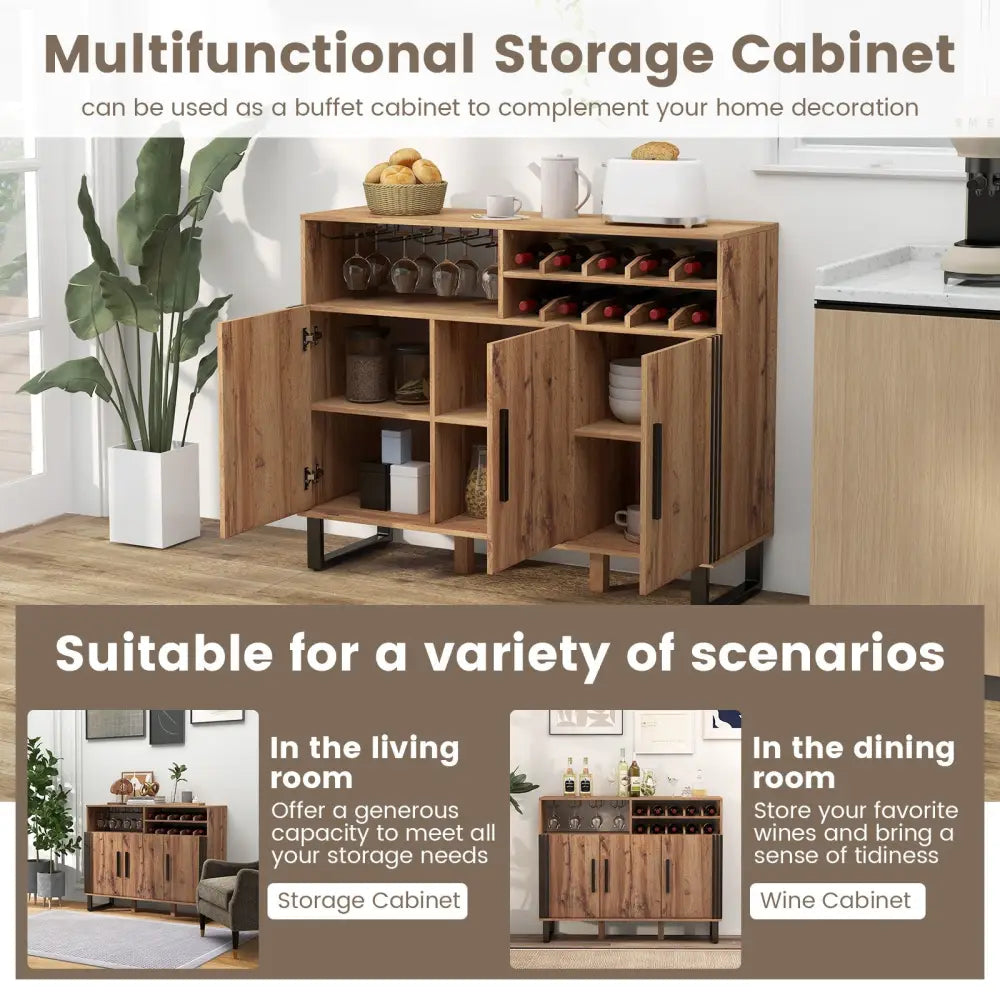 Home Wine Bar Cabinet with 3 Doors and Adjustable Shelves-Brown - Brown - Sideboards Cabinets & Buffets