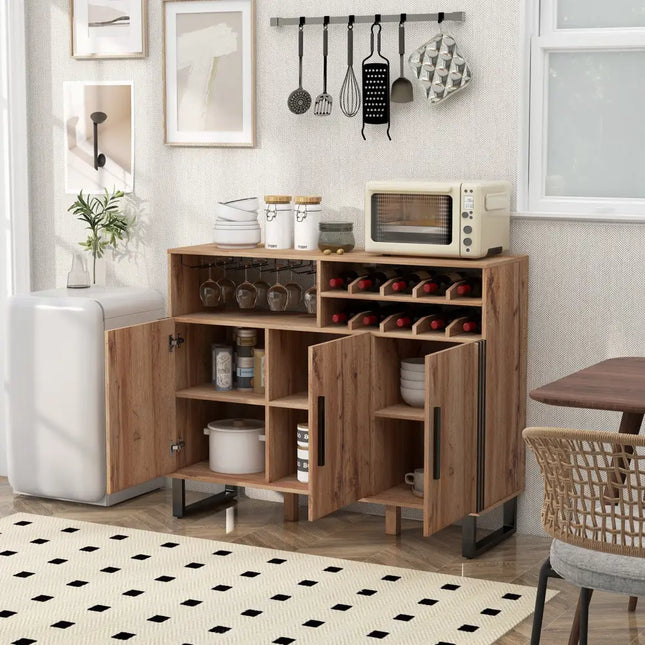 Home Wine Bar Cabinet with 3 Doors and Adjustable Shelves-Brown - Brown - Sideboards Cabinets & Buffets