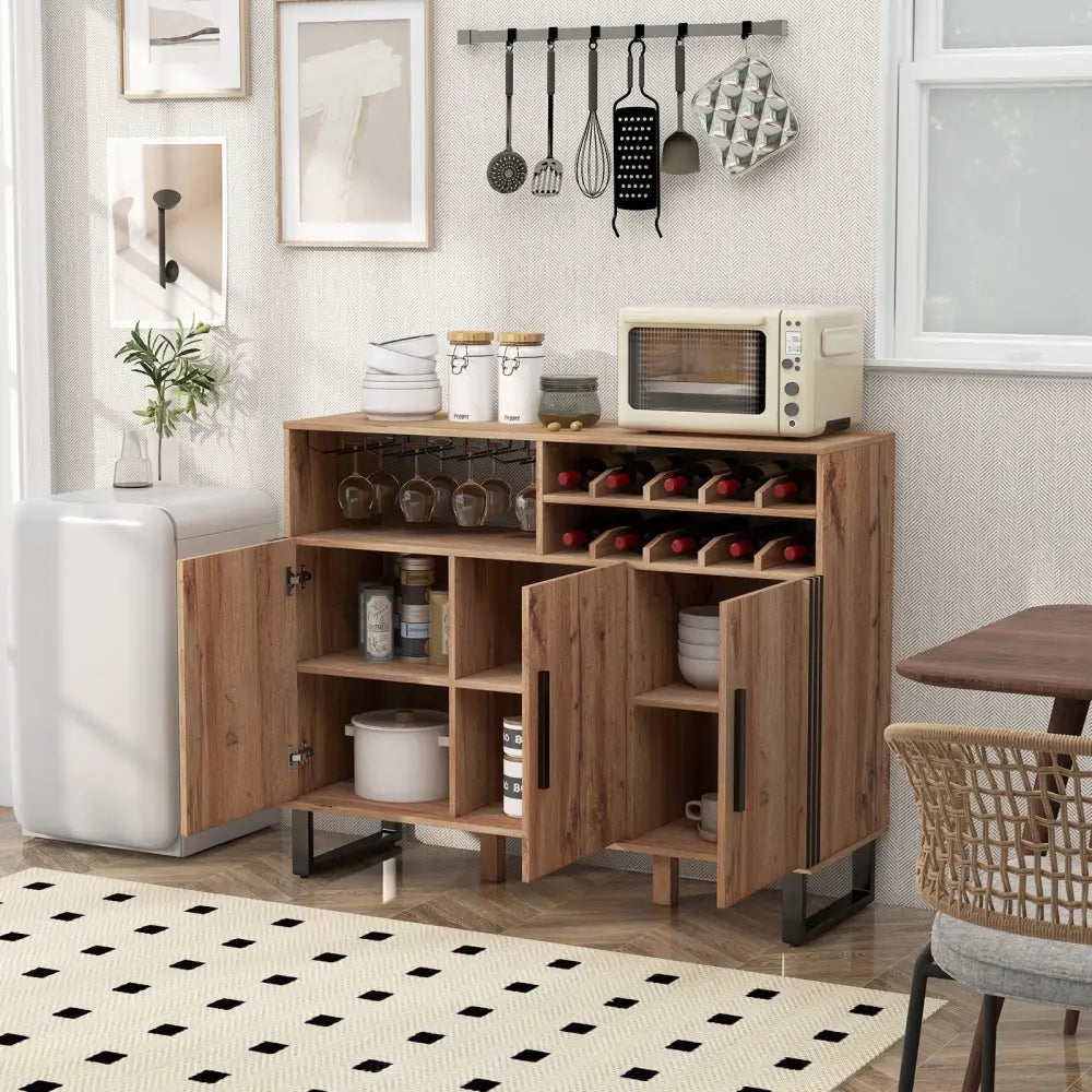 Home Wine Bar Cabinet with 3 Doors and Adjustable Shelves-Brown - Brown - Sideboards Cabinets & Buffets
