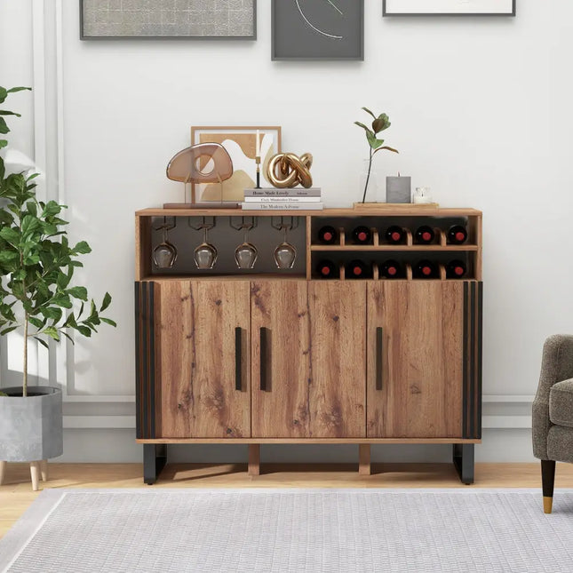 Home Wine Bar Cabinet with 3 Doors and Adjustable Shelves-Brown - Brown - Sideboards Cabinets & Buffets