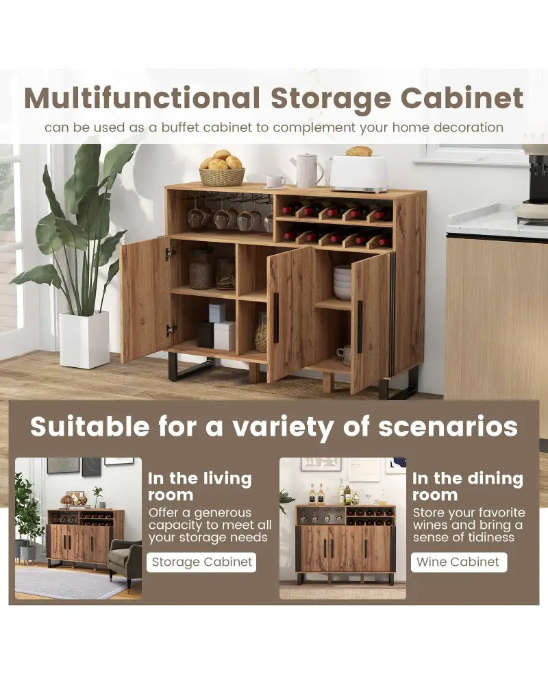Home Wine Bar Cabinet with 3 Doors and Adjustable Shelves-Brown - Brown - Sideboards Cabinets & Buffets
