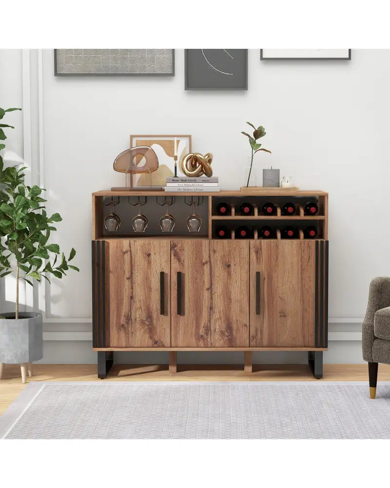 Home Wine Bar Cabinet with 3 Doors and Adjustable Shelves-Brown - Brown - Sideboards Cabinets & Buffets