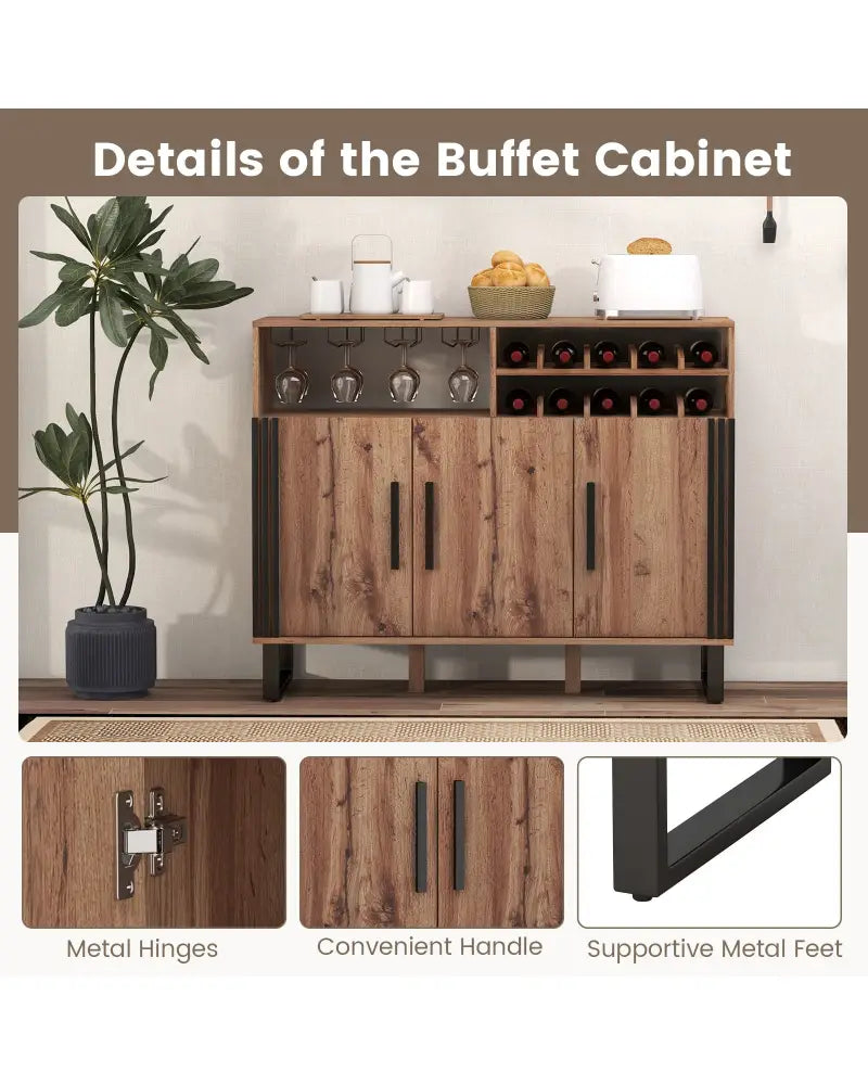 Home Wine Bar Cabinet with 3 Doors and Adjustable Shelves-Brown - Brown - Sideboards Cabinets & Buffets