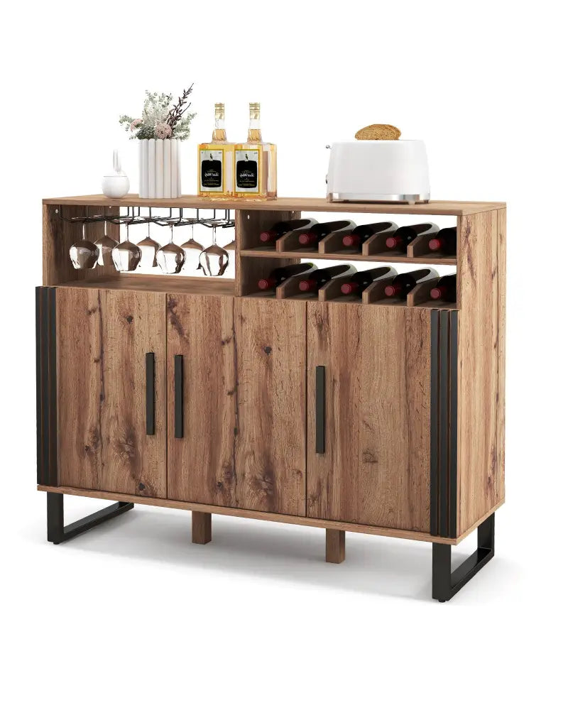Home Wine Bar Cabinet with 3 Doors and Adjustable Shelves-Brown - Brown - Sideboards Cabinets & Buffets