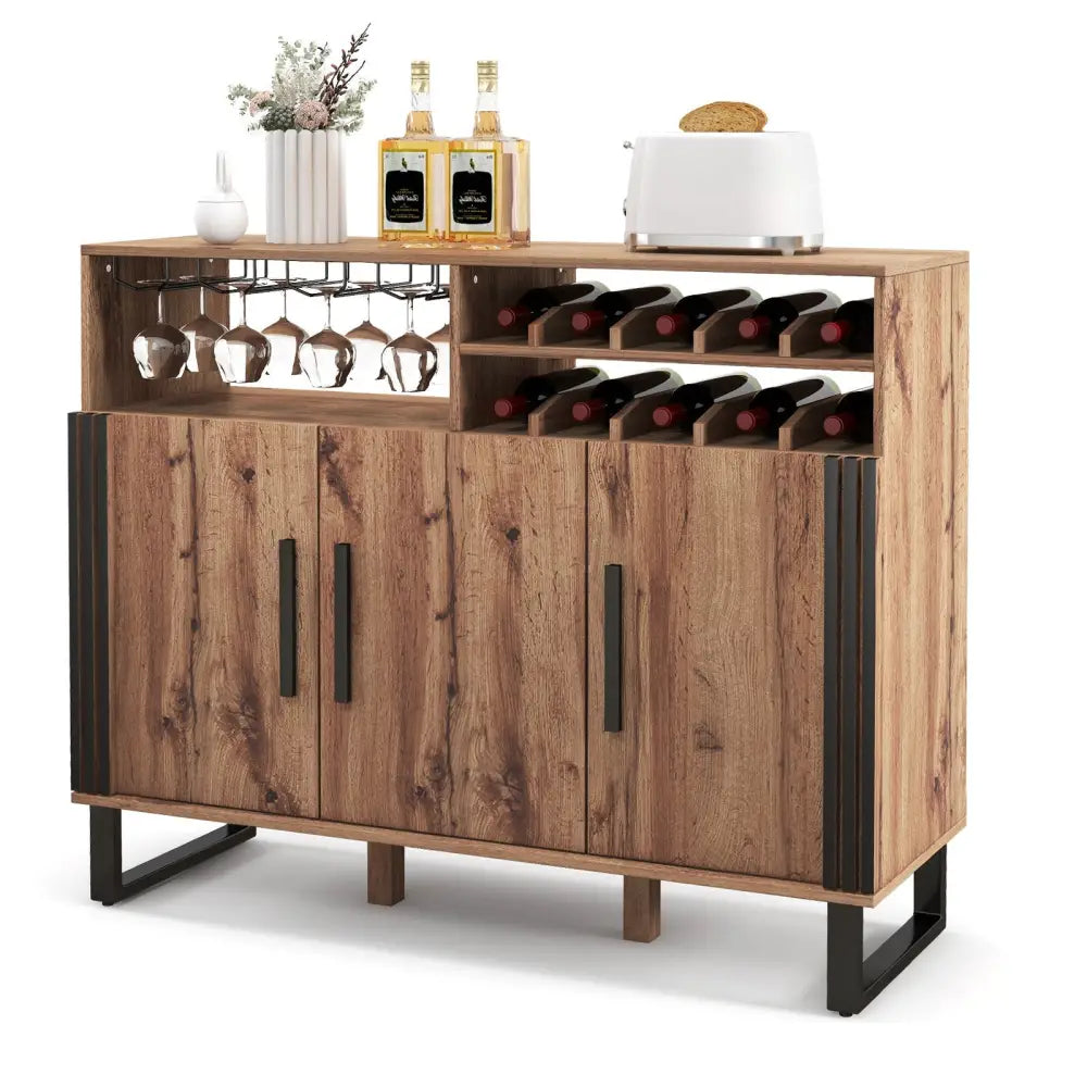 Home Wine Bar Cabinet with 3 Doors and Adjustable Shelves-Brown - Brown - Sideboards Cabinets & Buffets