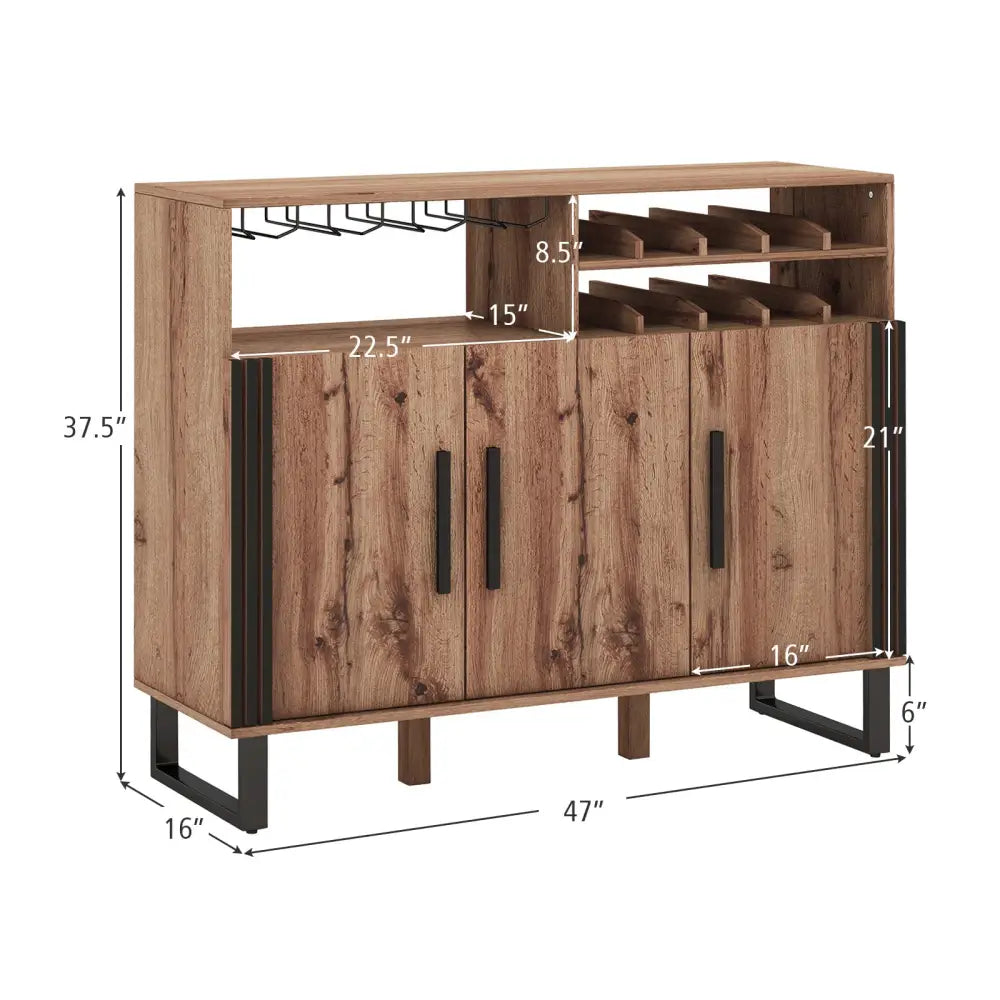 Home Wine Bar Cabinet with 3 Doors and Adjustable Shelves-Brown - Brown - Sideboards Cabinets & Buffets