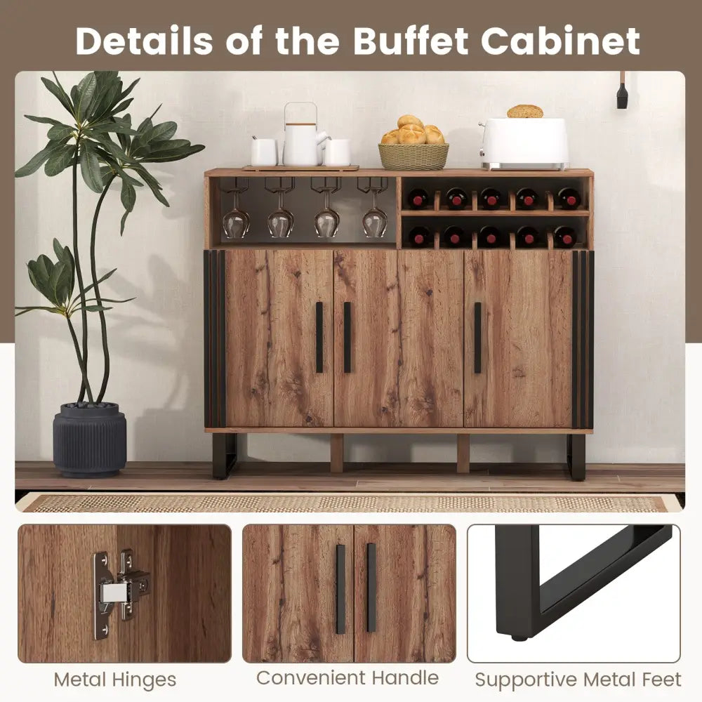 Home Wine Bar Cabinet with 3 Doors and Adjustable Shelves-Brown - Brown - Sideboards Cabinets & Buffets