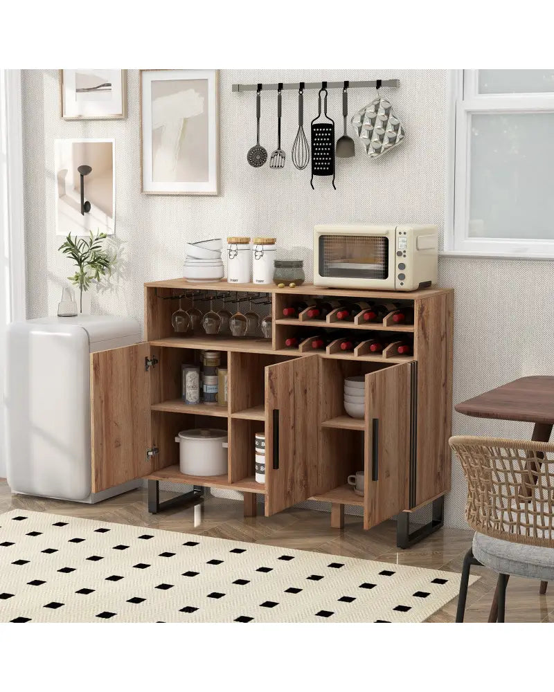 Home Wine Bar Cabinet with 3 Doors and Adjustable Shelves-Brown - Brown - Sideboards Cabinets & Buffets