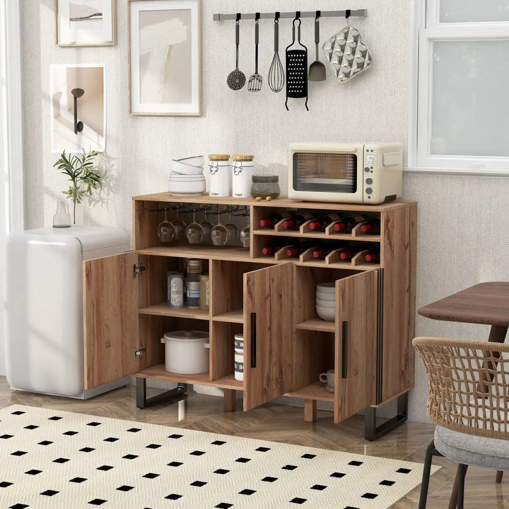 Home Wine Bar Cabinet with 3 Doors and Adjustable Shelves-Brown - Brown - Sideboards Cabinets & Buffets