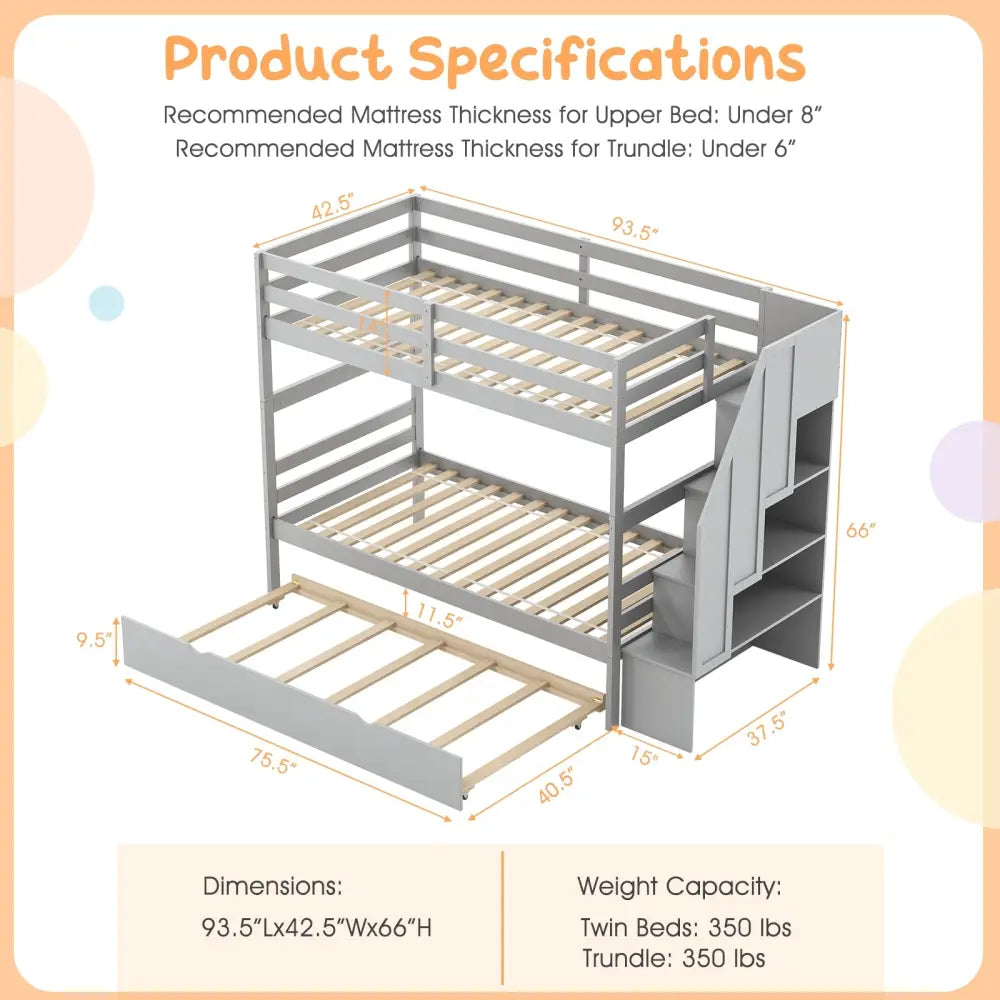 Home Wood Bunk Bed with Guard Rail and 4-step Storage Stairs No Box Spring Needed-Gray - Gray - Toddler Beds