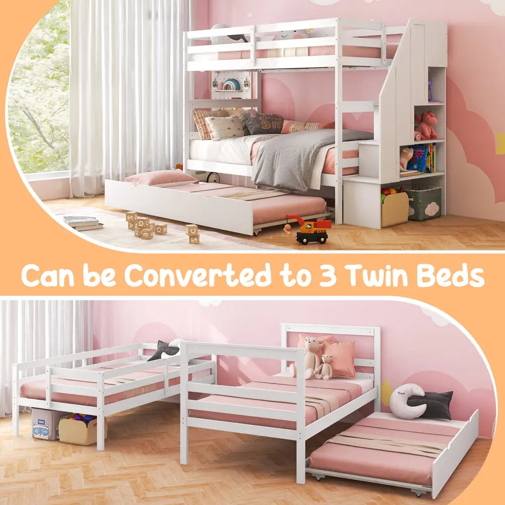 Home Wood Bunk Bed with Guard Rail and 4-step Storage Stairs No Box Spring Needed-White - White - Toddler Beds