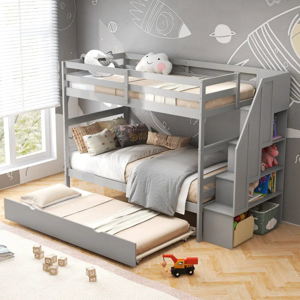 Home Wood Bunk Bed with Guard Rail and 4-step Storage Stairs No Box Spring Needed-Gray - Gray - Toddler Beds