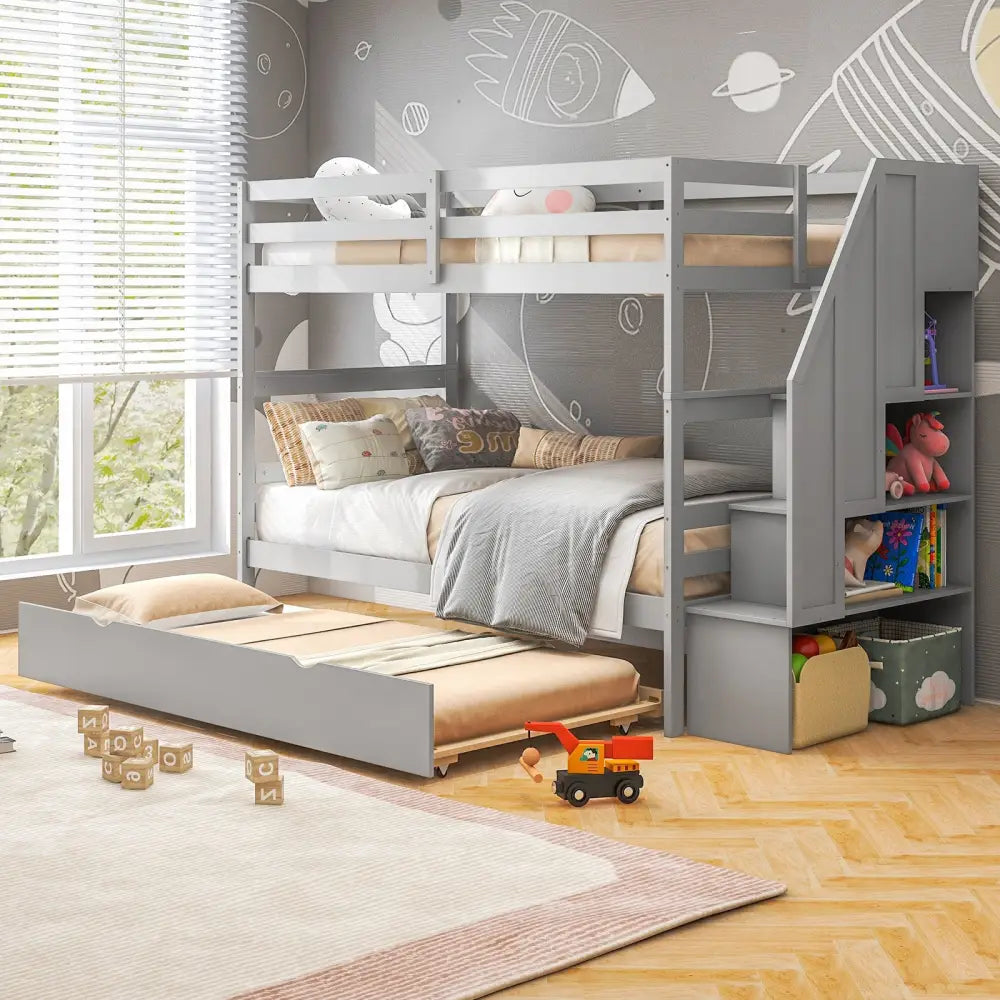 Home Wood Bunk Bed with Guard Rail and 4-step Storage Stairs No Box Spring Needed-Gray - Gray - Toddler Beds
