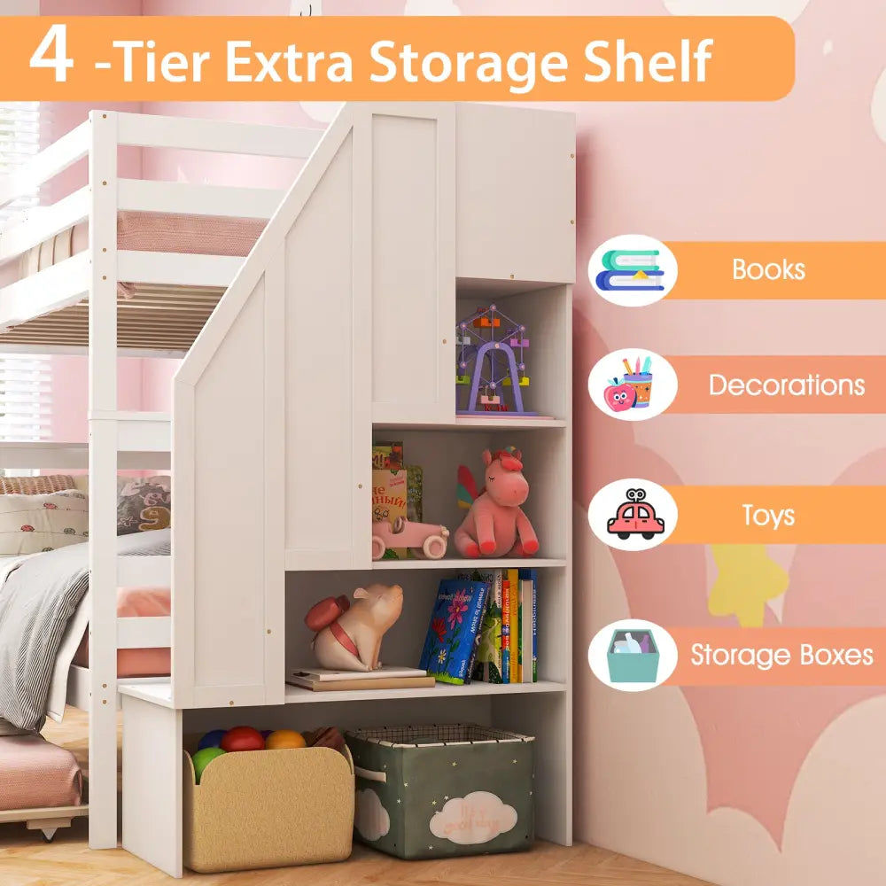 Home Wood Bunk Bed with Guard Rail and 4-step Storage Stairs No Box Spring Needed-White - White - Toddler Beds