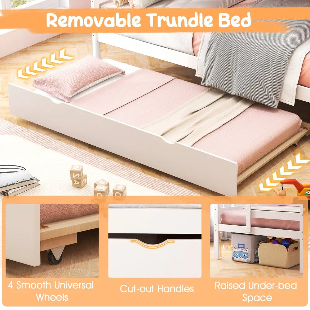 Home Wood Bunk Bed with Guard Rail and 4-step Storage Stairs No Box Spring Needed-White - White - Toddler Beds