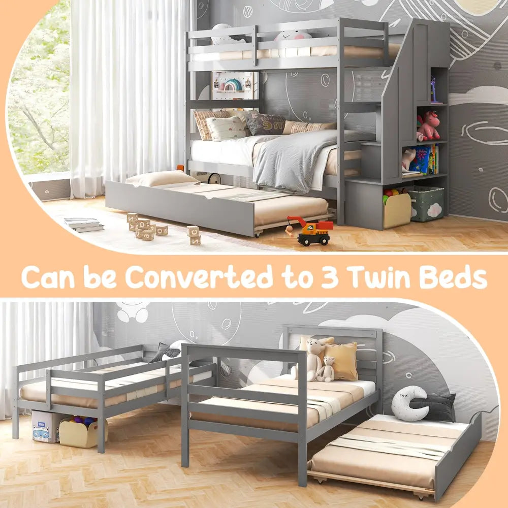 Home Wood Bunk Bed with Guard Rail and 4-step Storage Stairs No Box Spring Needed-Gray - Gray - Toddler Beds